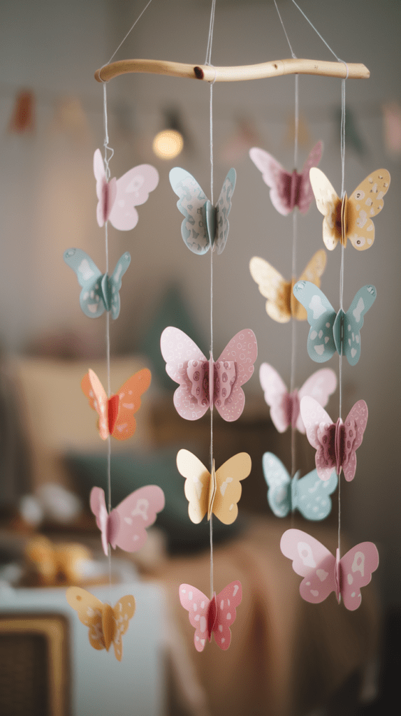 Ein Schmetterlingsmobile aus Papier ist eine zauberhafte Bastelidee, die besonders gut in ein Kinderzimmer passt. So kommt der Frühling ins Haus!