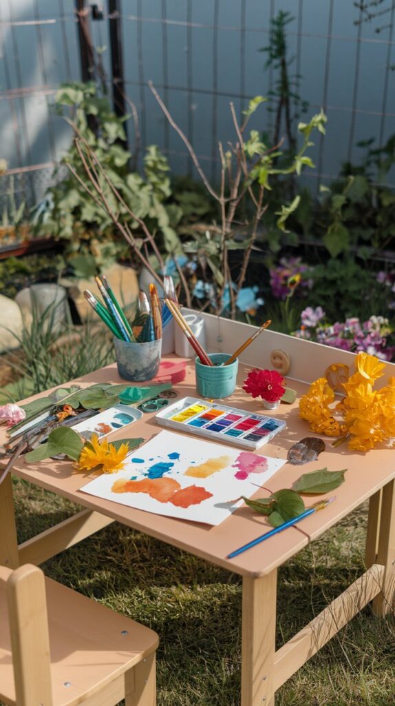 Auch draußen darf gemalt werden – mit Wasserfarben, Naturmaterialien und viel Fantasie.