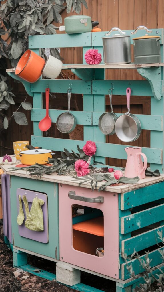 Kochen wie die Großen – aber mit Schlamm, Blättern und Blüten! Eine Matschküche lädt Kinder zum Rollenspiel ein und fördert die Fantasie.