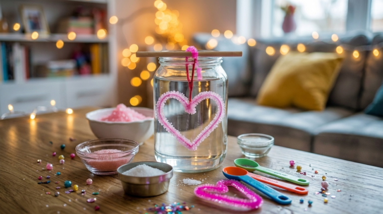 Kristall Herzen aus Pfeifenreinigern selber machen – ein funkelndes Experiment über Nacht